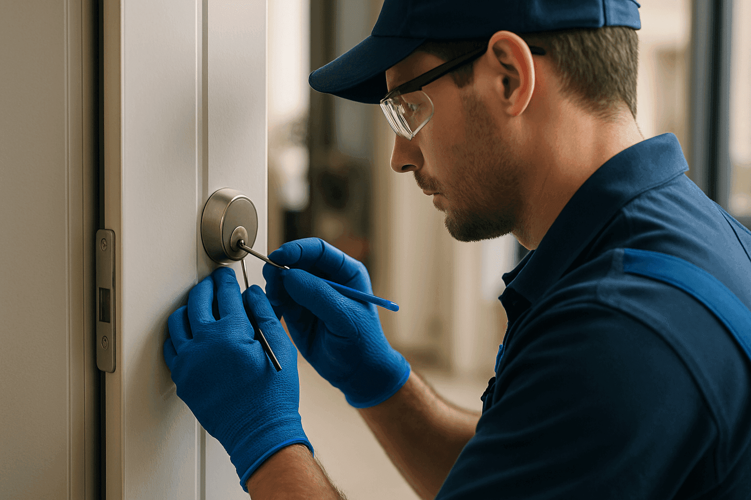 Professional locksth wearing gloves and safety glasses working on a lock at a residential or commercial doorway.