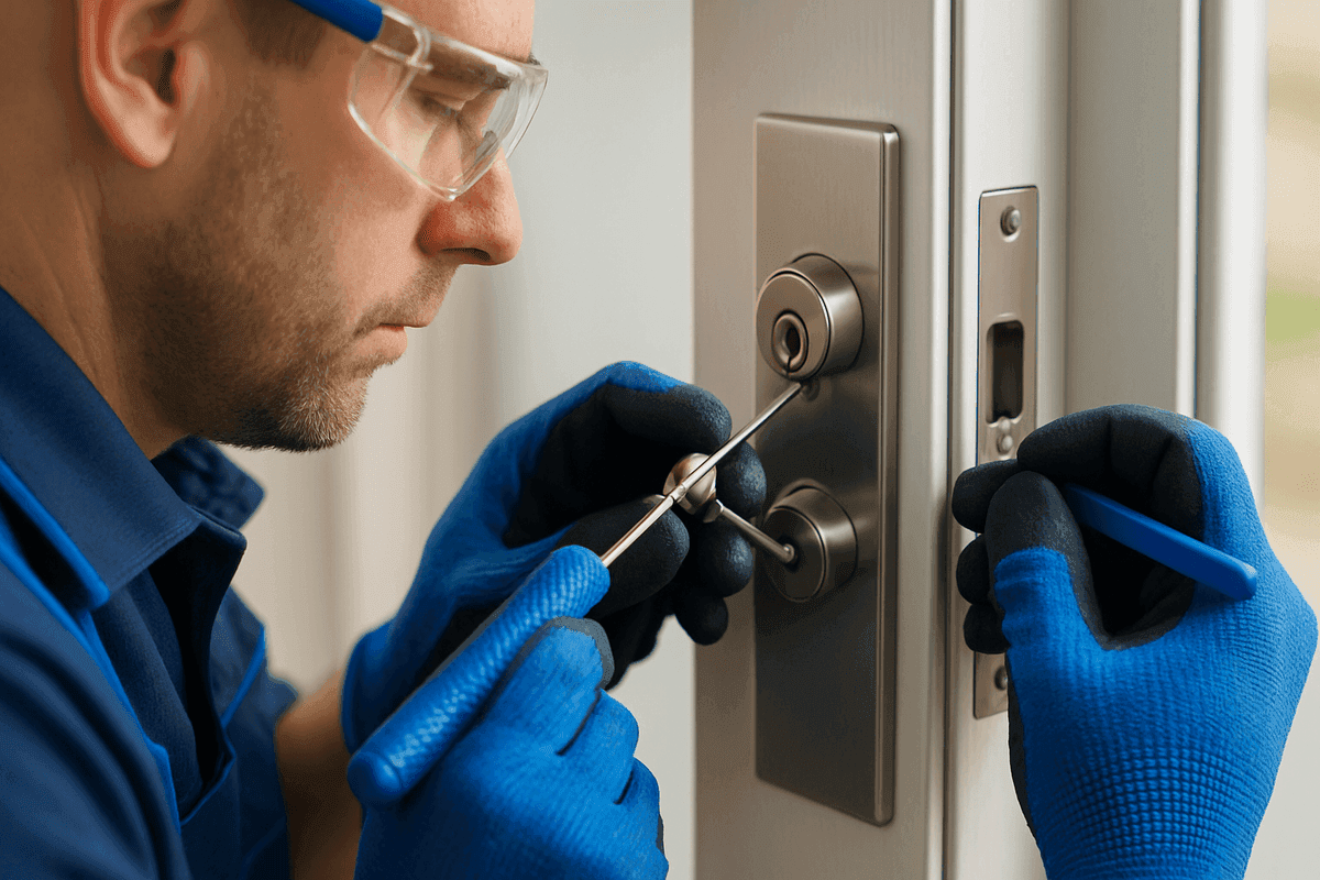 Close-up of locksth’s gloved hands using precision tools on a modern lock cylinder at a residential door.