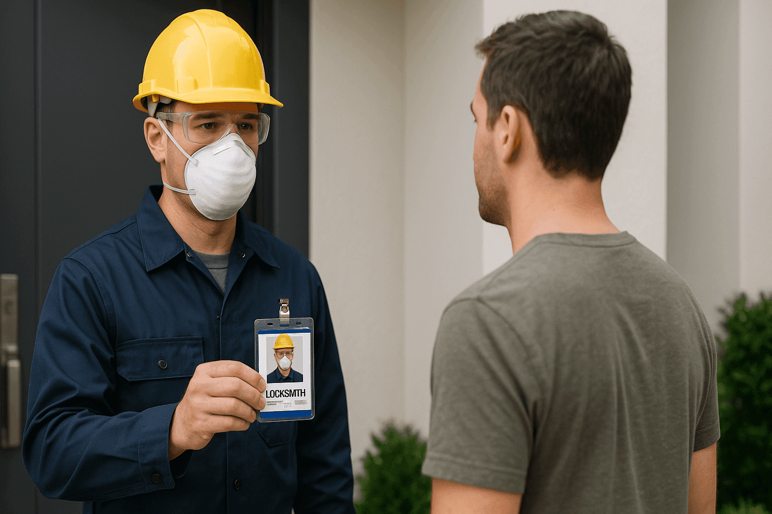 Locksmith showing credentials and identification badge to a customer