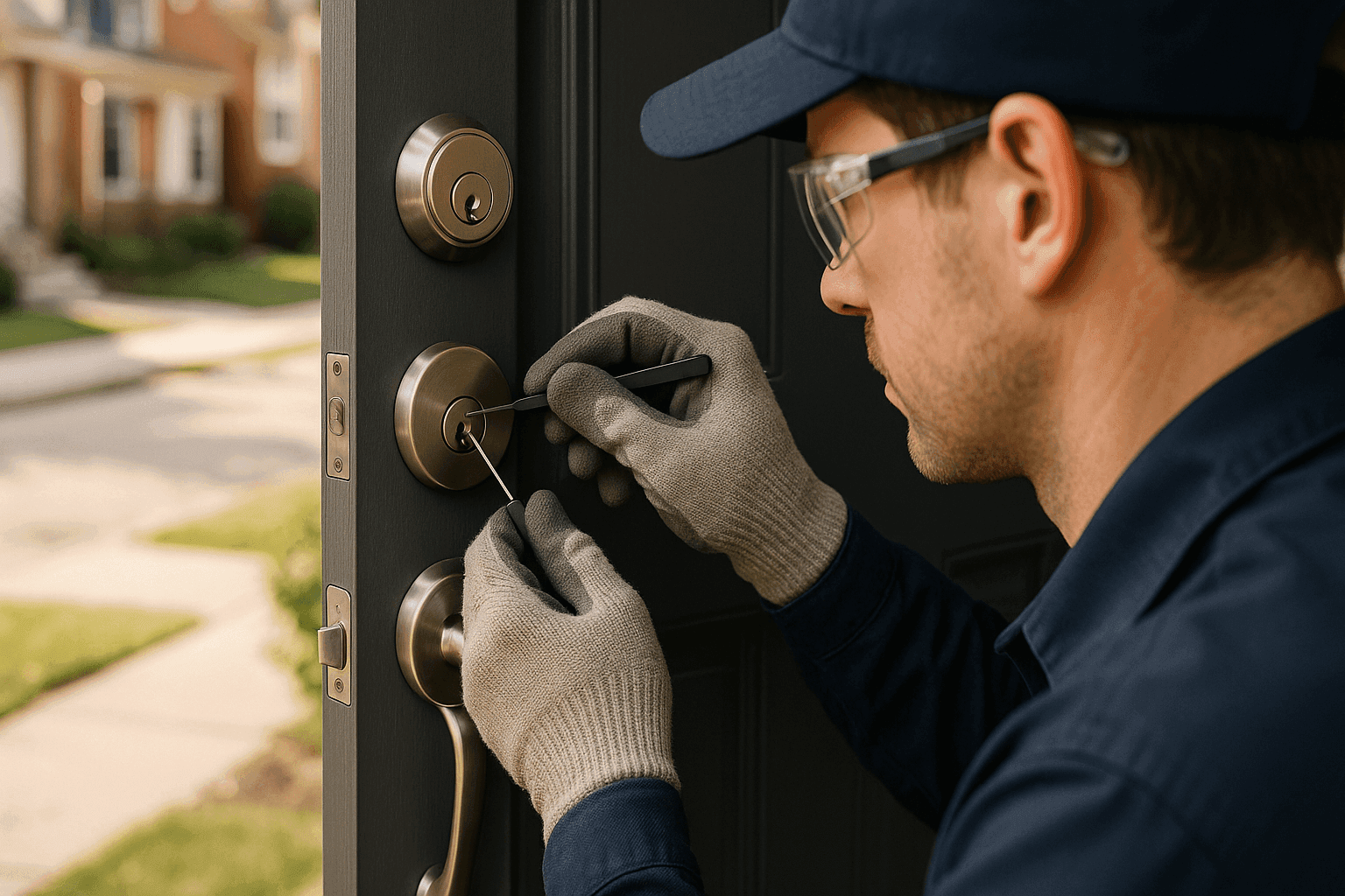 Locksmith unlocking a residential door with specialized tools during an emergency