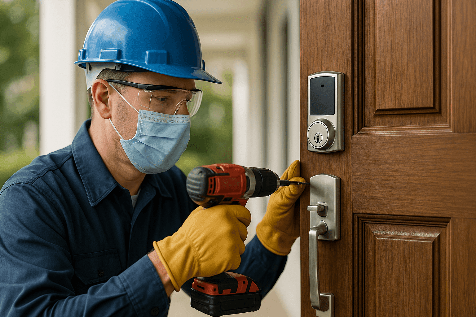 Locksmith installing a new deadbolt lock on a residential front door